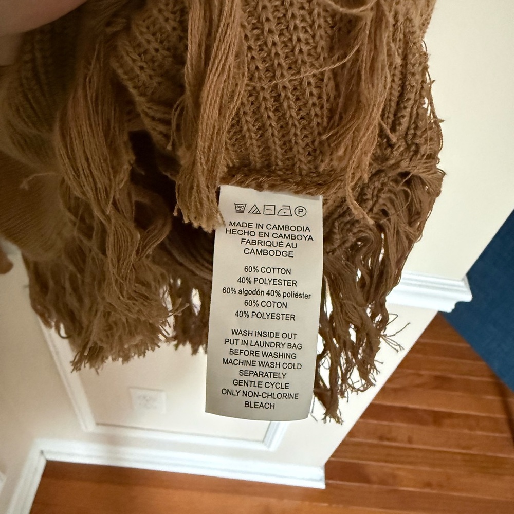 Camel Michael Kors Knit Turtle Neck Fringe Bottom Pullover Sweater Boho Size L - Picture 6 of 11